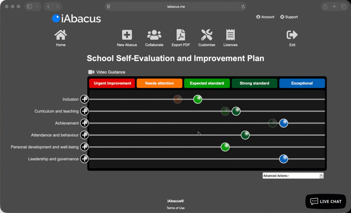 A headteacher using iAbacus to complete a school self-evaluation aligned to the Ofsted inspection toolkit, placing judgements across six evaluation areas and building an improvement plan